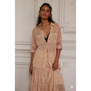 Hansen & Gretel Anthropologie Peach Daisy Floral Cotton Button Down Shirt XS